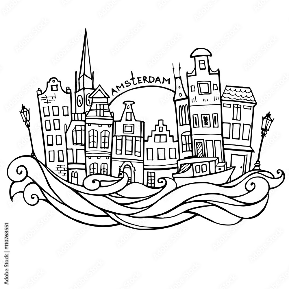 Background with hand drawn doodle Amsterdam houses. Isolated black and white. Illustration vector. 