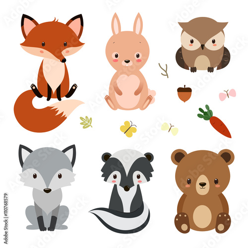 Set of cute woodland animals isolated on white background.