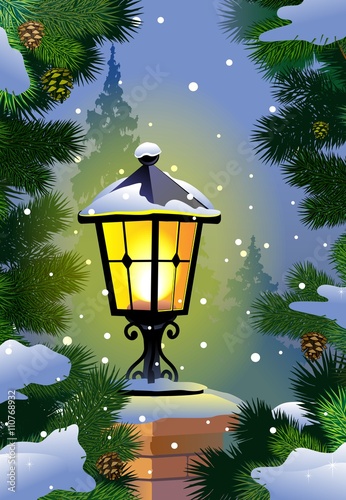 Christmas. Street Lamp. lantern in forest.