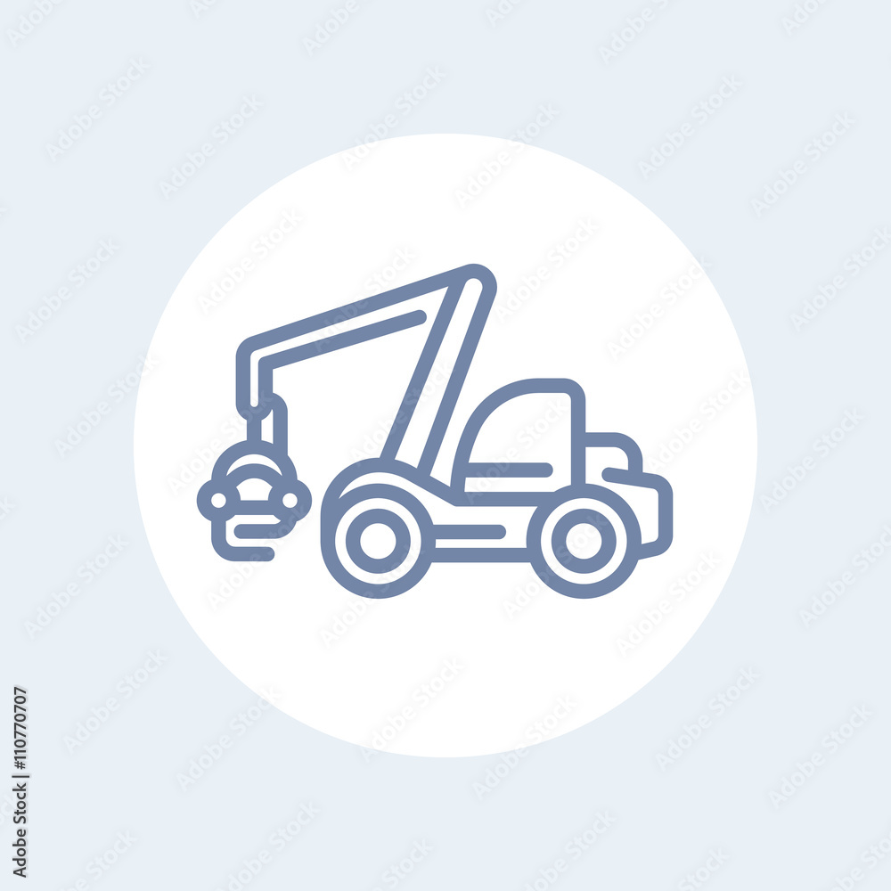 Forest harvester line icon, timber harvesting machine vector sign isolated on white, vector illustration