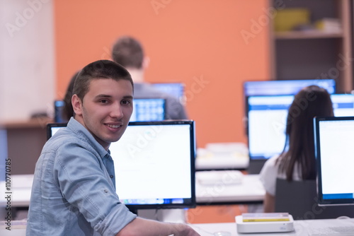 technology students group working in computer lab school  classr photo