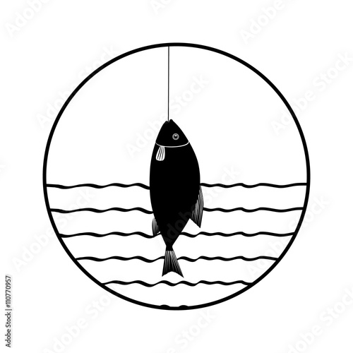 black vector icon - fish caught on the hook on the background of river and sky. illustration