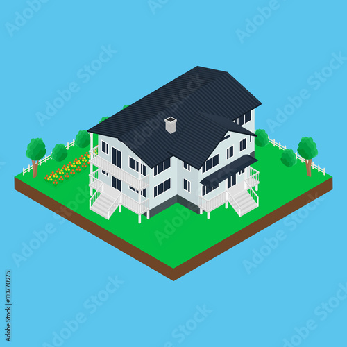 vector illustration. Icon modern house on a plot of land, flowerbed, trees, bushes, fence. isometric. infographics, 3D