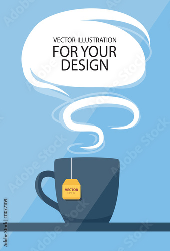 Business lunch concept. Cup of tea with speech balloon