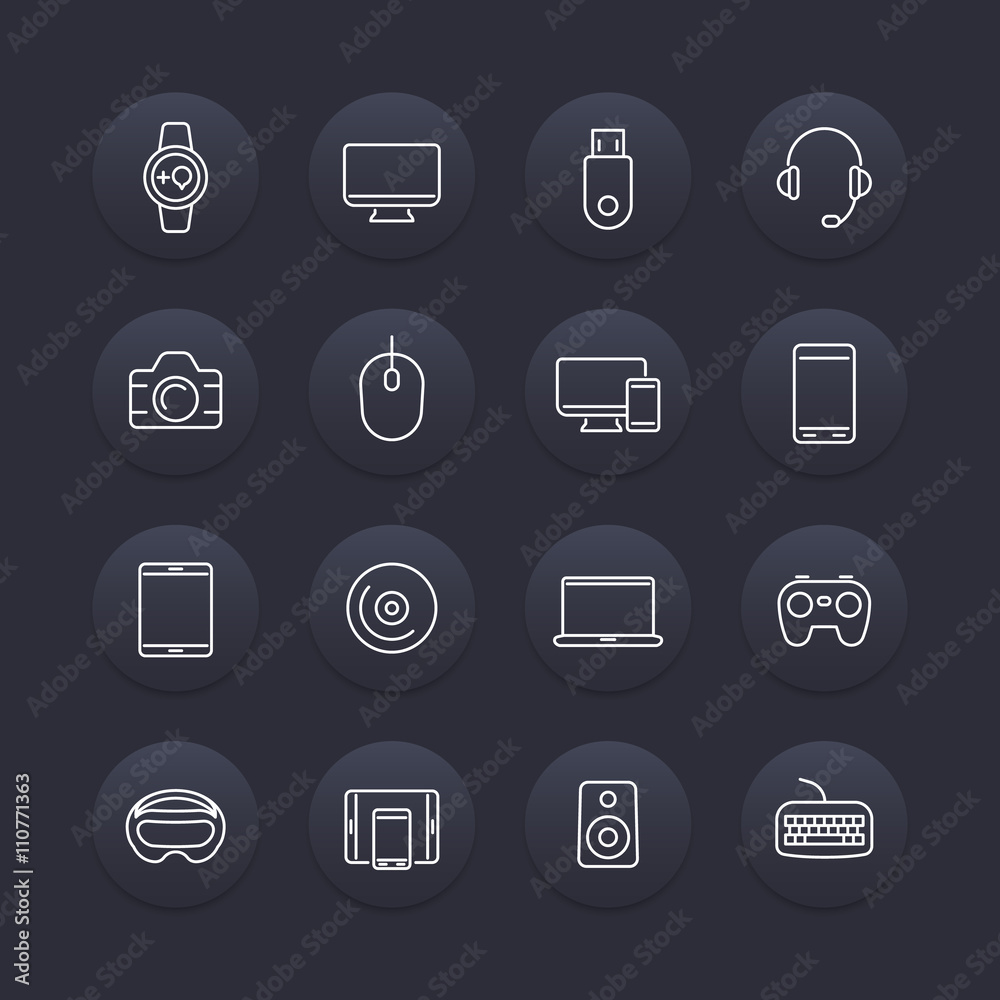 Modern gadgets line icons, dark round set, vector illustration Modern gadgets line icons, dark round set, vector illustration