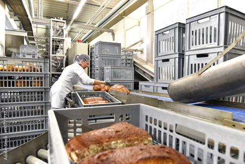 Arbeiterin verpackt Brote am Fliessband im Versand einer Großbäckerei // Worker an industrial bakery photo