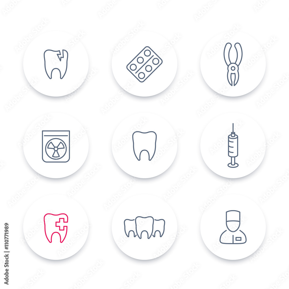 Tooth, dental care line icons, dental pliers, toothcare, stomatology, tooth linear pictograms set, vector illustration Tooth, dental care line icons, dental pliers, toothcare, stomatology, tooth linear pictograms set, vector illustration