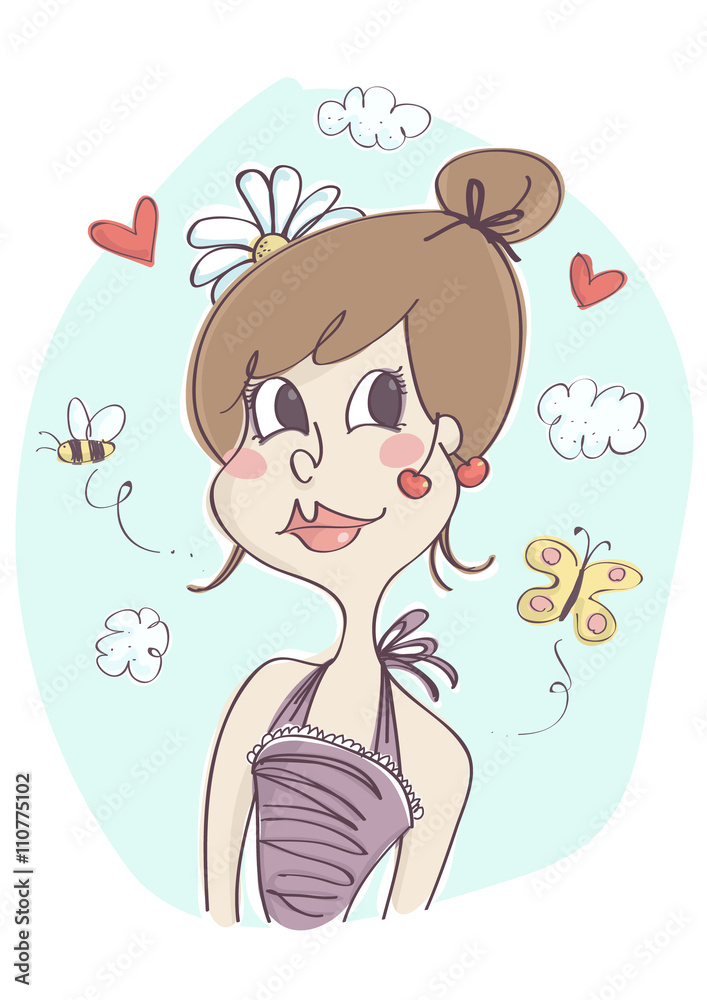 Cute, stylish fashion girl with flower on her hair and cherries on her ear. Funny doodles in the background, summer or spring time. Cute, stylish fashion girl with flower on her hair and cherries on her ear. Funny doodles in the background, summer or spring time.