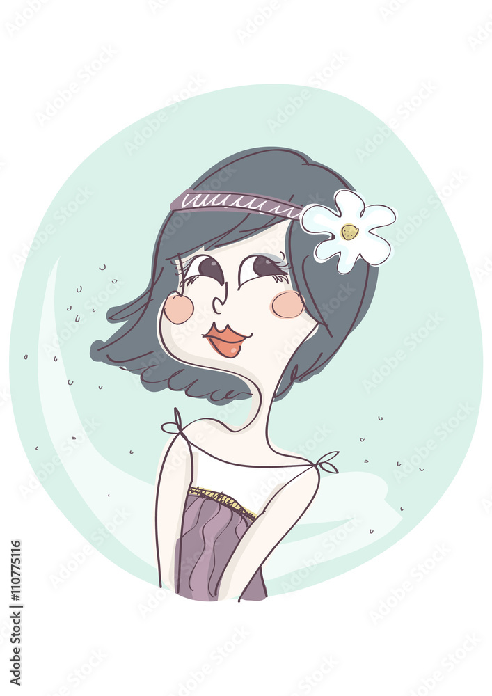 Cute illustration of stylish, adorable fashion girl with headband, smiling. Cute illustration of stylish, adorable fashion girl with headband, smiling.