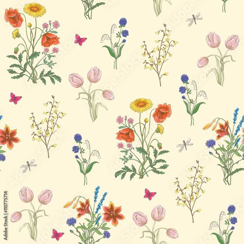 Fototapeta Naklejka Na Ścianę i Meble -  Tulip, dandelion, cornflower, delicate flower, vector pattern. wildflowers, poppy, chamomile, background
