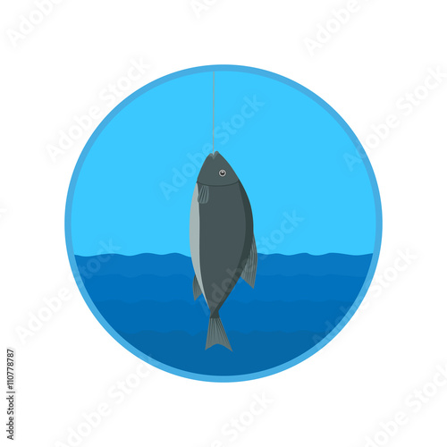vector icon - fish caught on the hook on the background of river and sky. illustration