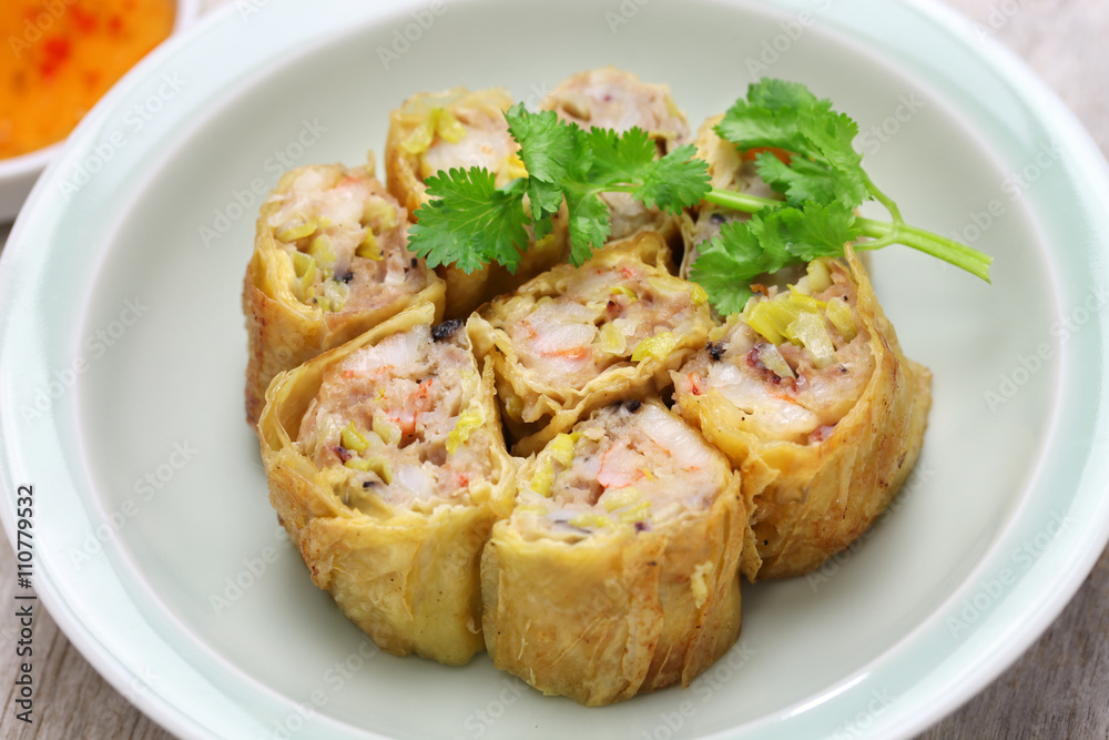 fried shrimp tofu ( bean curd ) skin rolls, chinese dim sum food