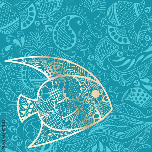 Summer travel background with gold tropical fish