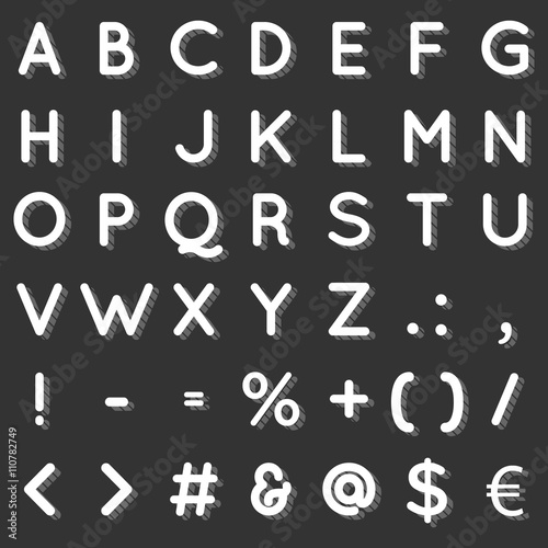 Custom retro characters  letter  symbols and currency with dashed shadow. Collection of retro vector font in white and black color.