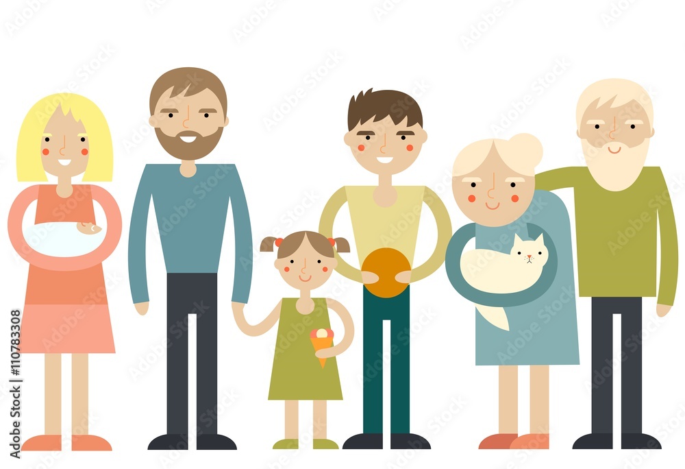 Happy family portrait. Father, mother, son, daughter, grandparents in one picture together. Vector illustration.