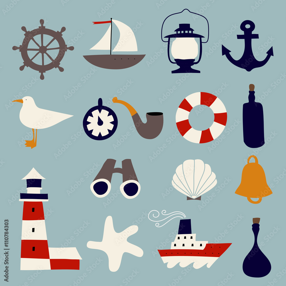 Fototapeta premium Cute Nautical Set. Flat Vector illustration - nautical design elements. Childish illustration. Isolated.