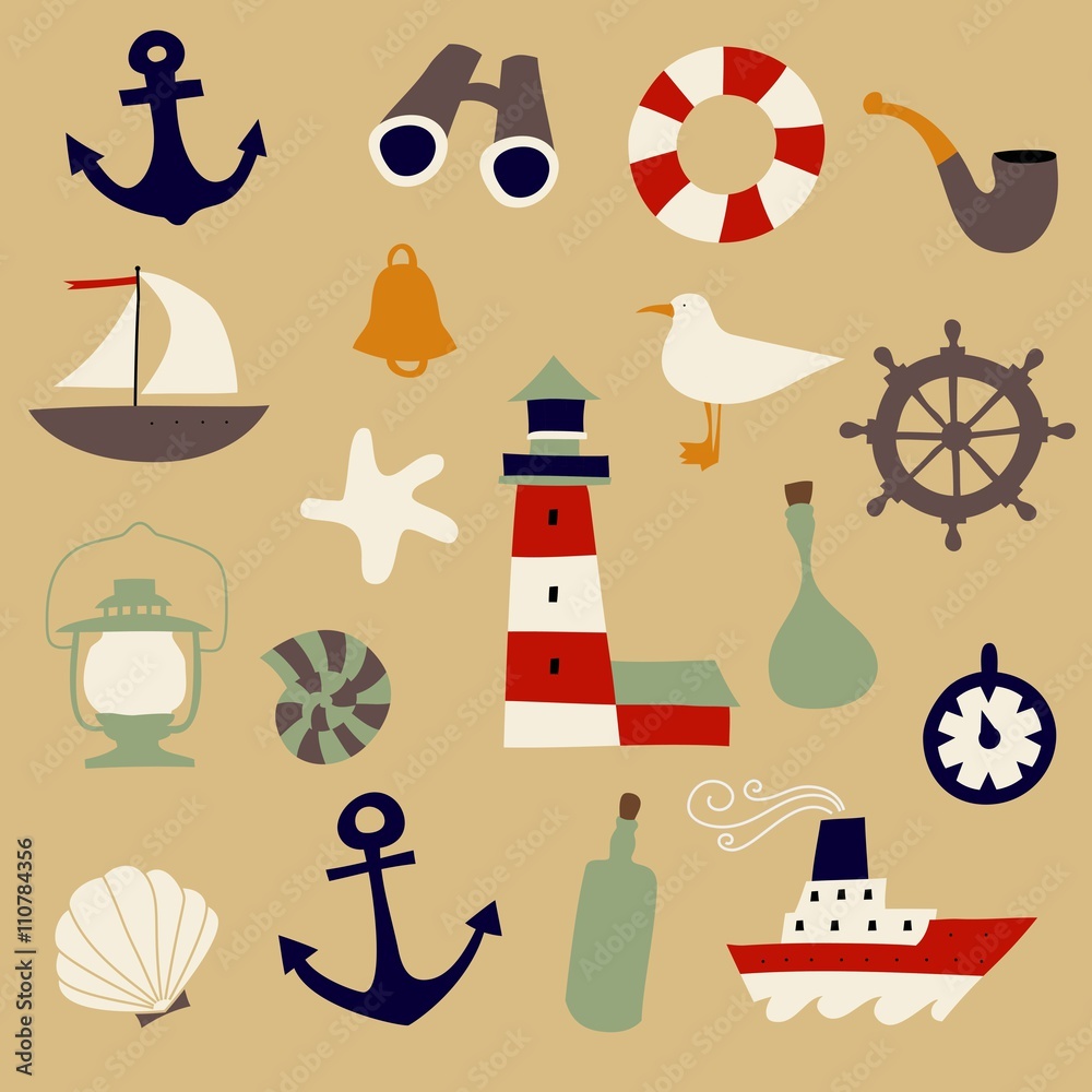 Obraz premium Cute Nautical Set. Flat Vector illustration - nautical design elements. Childish illustration. Isolated.