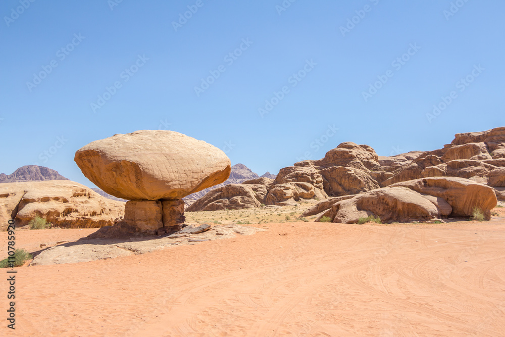 Mushroom rock in Wadi Rum desert - Valley of the Moon in Jordan.