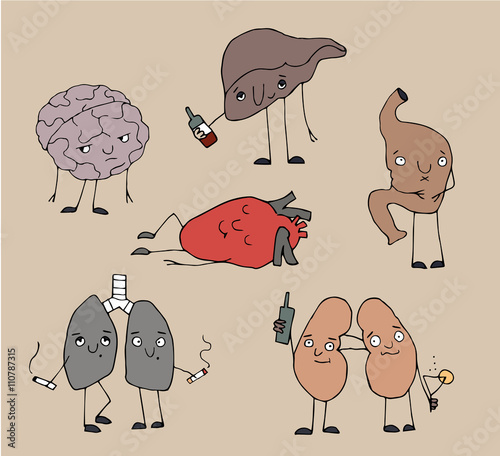 Set of diseased human organs. Isolated on  background. Smoking lungs, lazy heart, crowded stomach, drunk liver and kidney, sad and lazy brain. Handdrawn cartoon illustration. Made in vector.