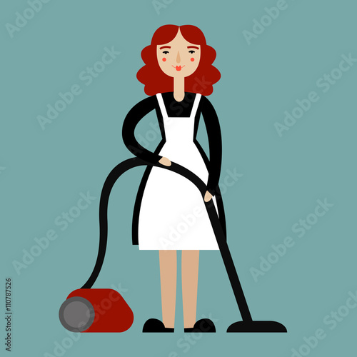 Woman with vacuum cleaner. Cartoon vector illustration. Isolated on blue background.