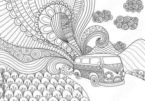 Doodles design of minivan traveling for coloring book for adult, anti stress - Stock vector