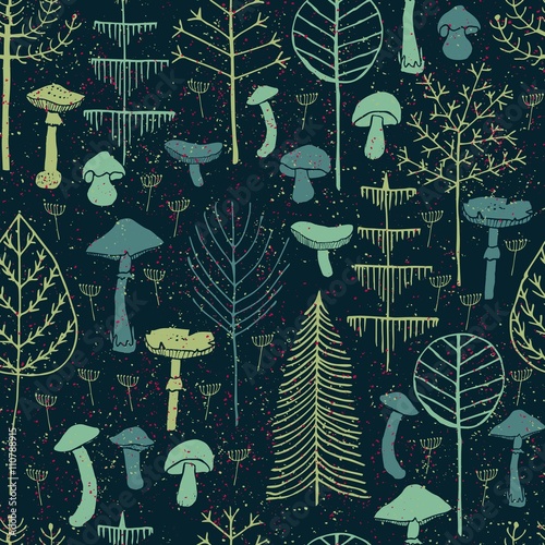 Forest trees and Mushrooms seamless pattern. Hand drawn illustration of Trees and Mushrooms made in Vector. Can be used for wallpapers, pattern fills, web page backgrounds, surface textures, textile.
