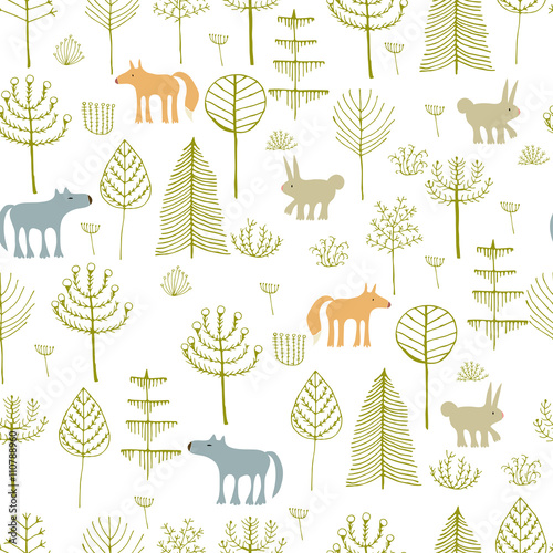 Forest seamless pattern. Hand drawn illustration of Trees and Animals made in Vector. Childish background. Can be used for pattern fills, wallpapers, web page backgrounds, surface textures, textile.