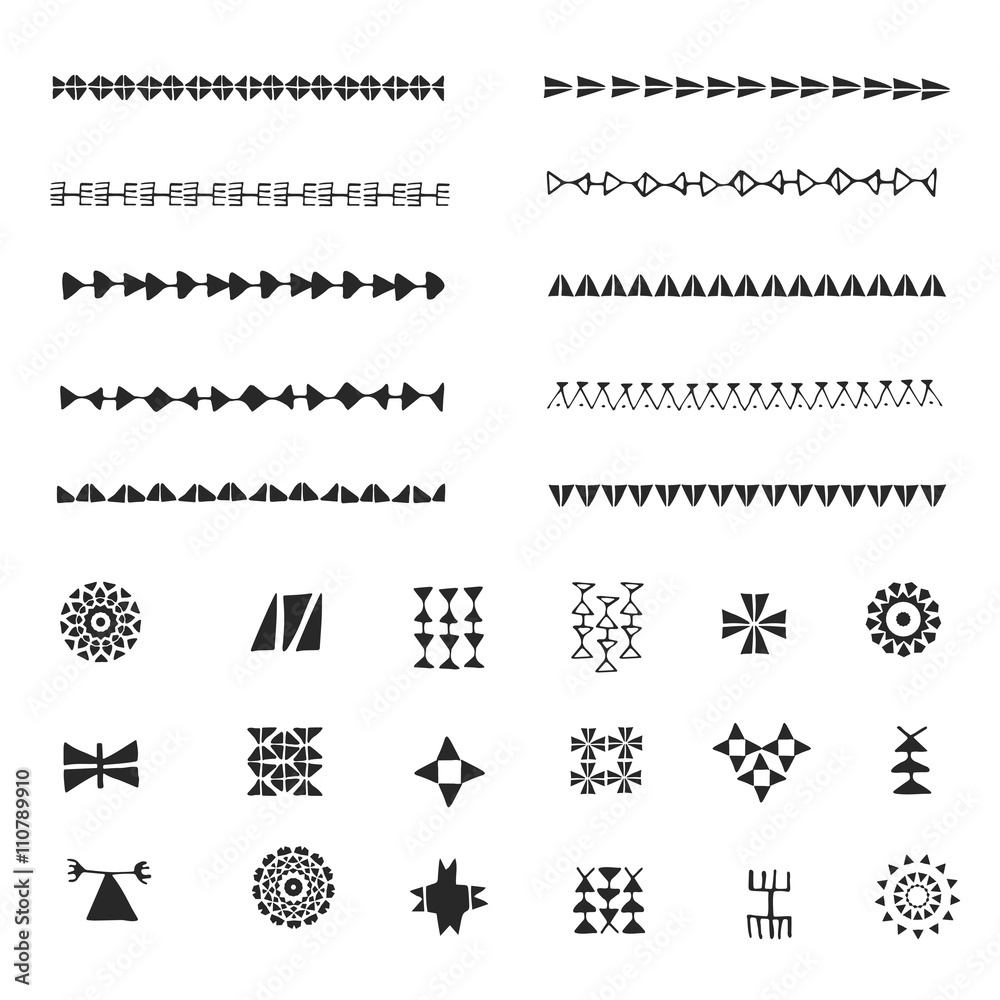 Hand drawn set of ethnic design symbols and pattern brushes made in ...
