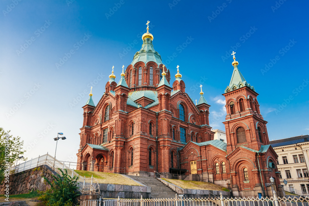 Uspenski Cathedral, Helsinki On Hill At Sunny Day. Red Church In