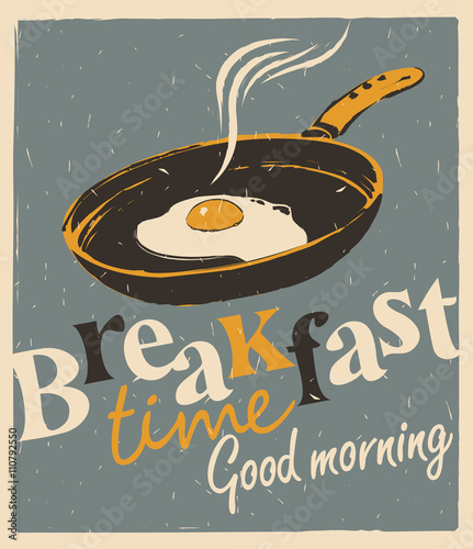 Vector banner for breakfast time with a frying pan and fried eggs in retro style