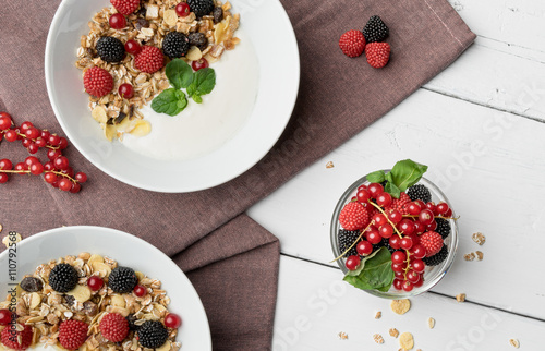 Healthy breakfast with yogurt, muesli, raspberry and cherries