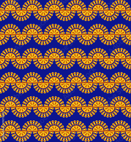 Geometric exotic seamless pattern, saturated colors. Swatch of the pattern included in the file. 