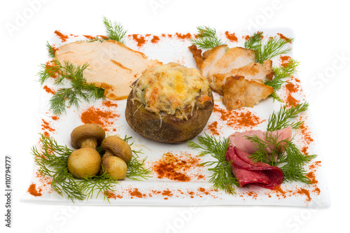 steamed vegetables with ham and mushrooms isolated on white