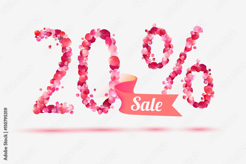 twenty (20) percents sale. Digits of pink rose petals