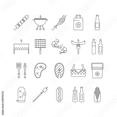 Summer barbecue lined icon set.
