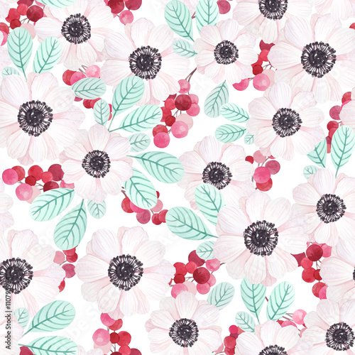 Tapety Bezszwowy wzór z anemonami, gałąź czerwone jagody i liśćmi w rocznik akwareli stylu, wektorowa ilustracja. Natura wzór