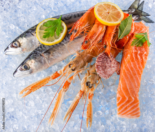 Fresh seafood on crushed ice. photo