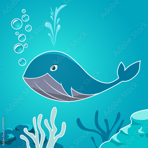 Cartoon blue whale under water. Whale on a background seabed. photo