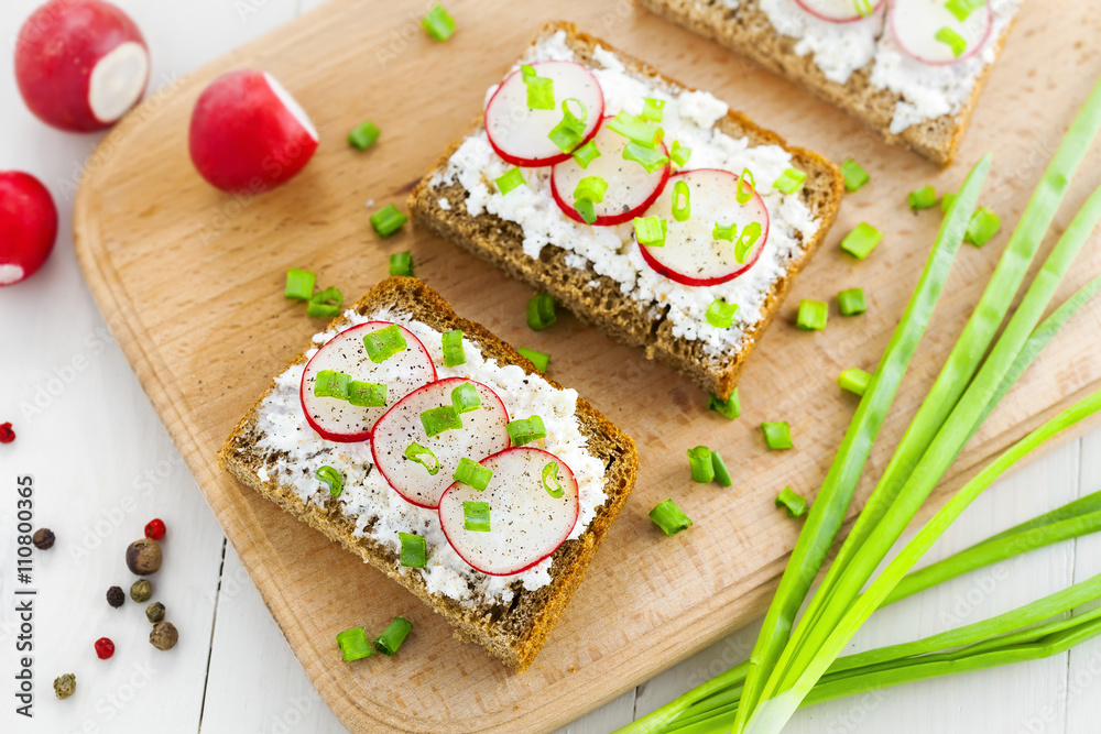Open ray sandwiches with soft cream cheese and radish. Tasty summer snacks.