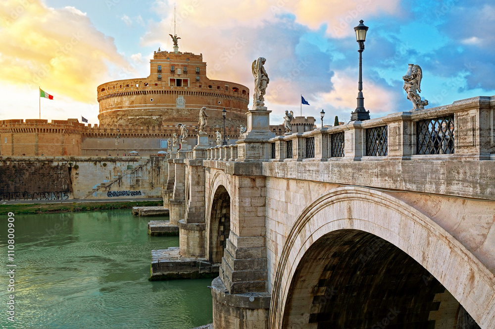The Sant'Angelo Castle and Bridge across the Tiber River in Rome