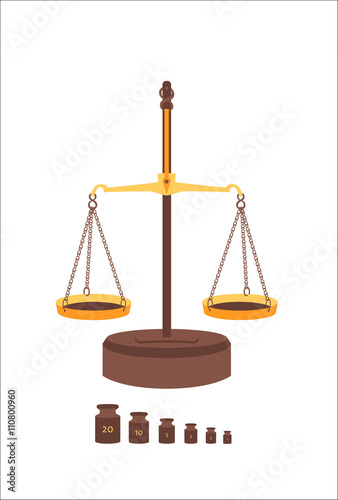 Vintage balance scale isolated with calibration weights