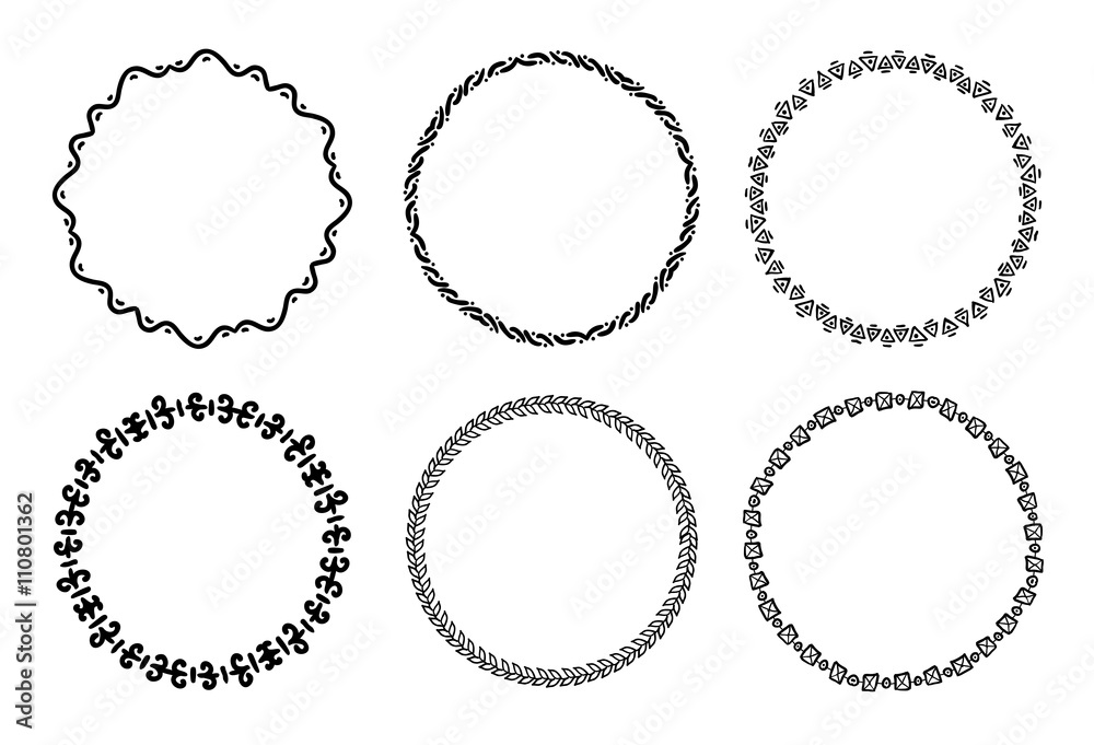 Collection of round decorative frames and labels with lines, symmetric geometric shapes Collection of round decorative frames and labels with lines, symmetric geometric shapes