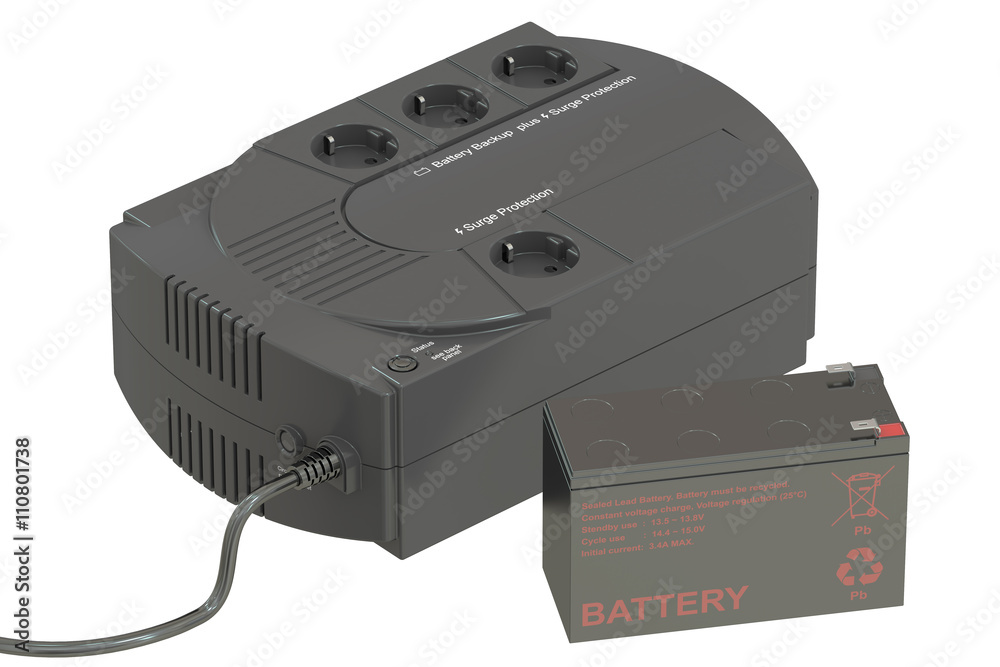 Uninterruptible power supply UPS with battery. 3D rendering Uninterruptible power supply UPS with battery. 3D rendering