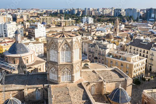 Top view of  Valencia city with the roof of the Valencia Cathedral