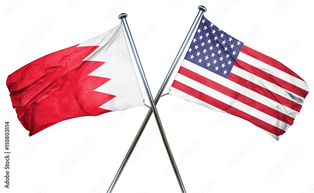 Bahrain flag with american flag, isolated on white background Bahrain flag with american flag, isolated on white background