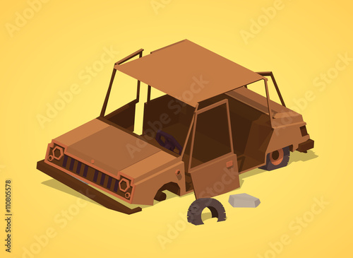 Old rusty car against the yellow background. 3D lowpoly isometric vector illustration