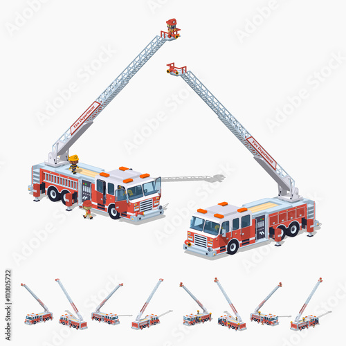 Fire truck. 3D lowpoly isometric vector illustration. The set of objects isolated against the white background and shown from different sides