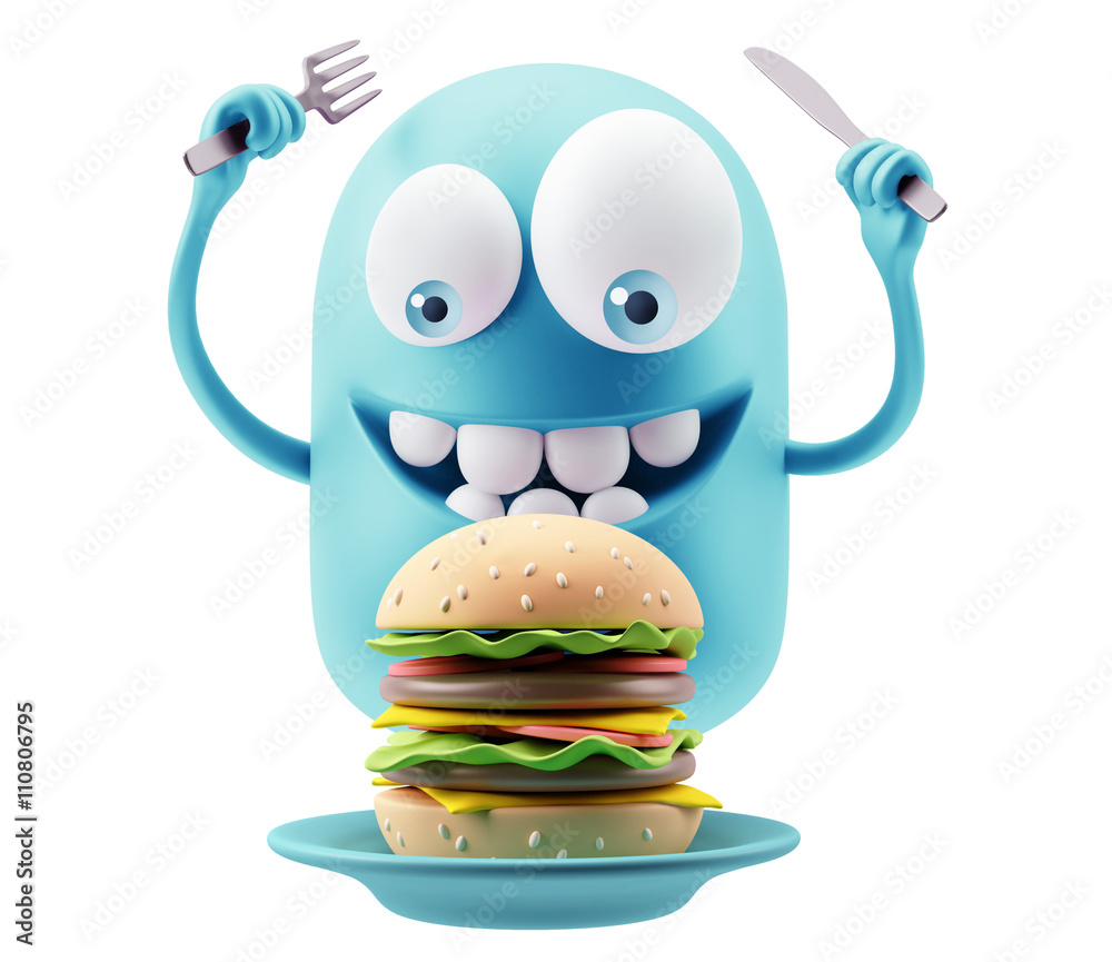 Eat Hamburger Emoji Cartoon. 3d Rendering. Stock Illustration | Adobe Stock