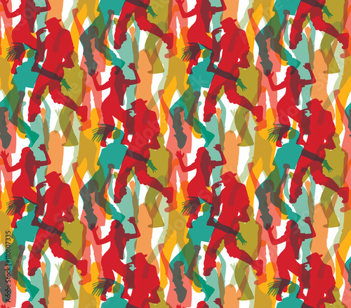 Happy dancing people color seamless pattern.