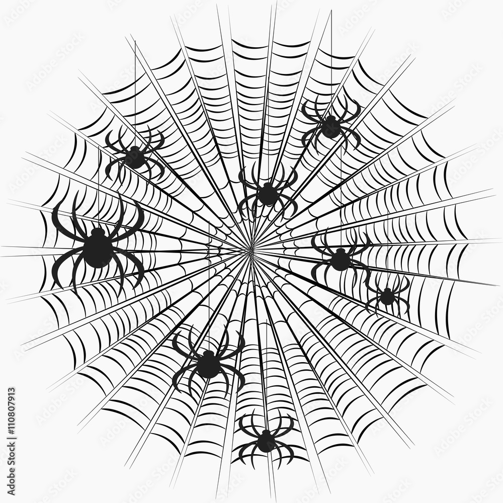 black spiders on a web pattern on a white background. 